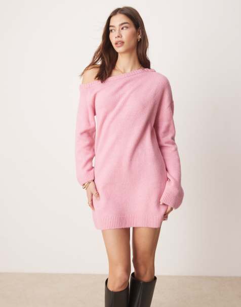 ASOS DESIGN one shoulder knitted dress in soft pink - view 1