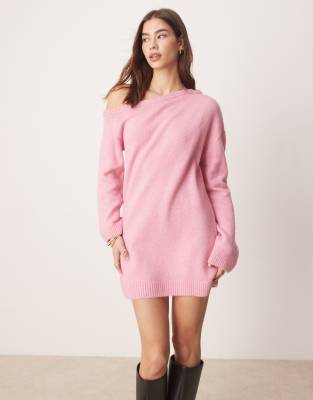 asos design one shoulder knitted dress in soft pink