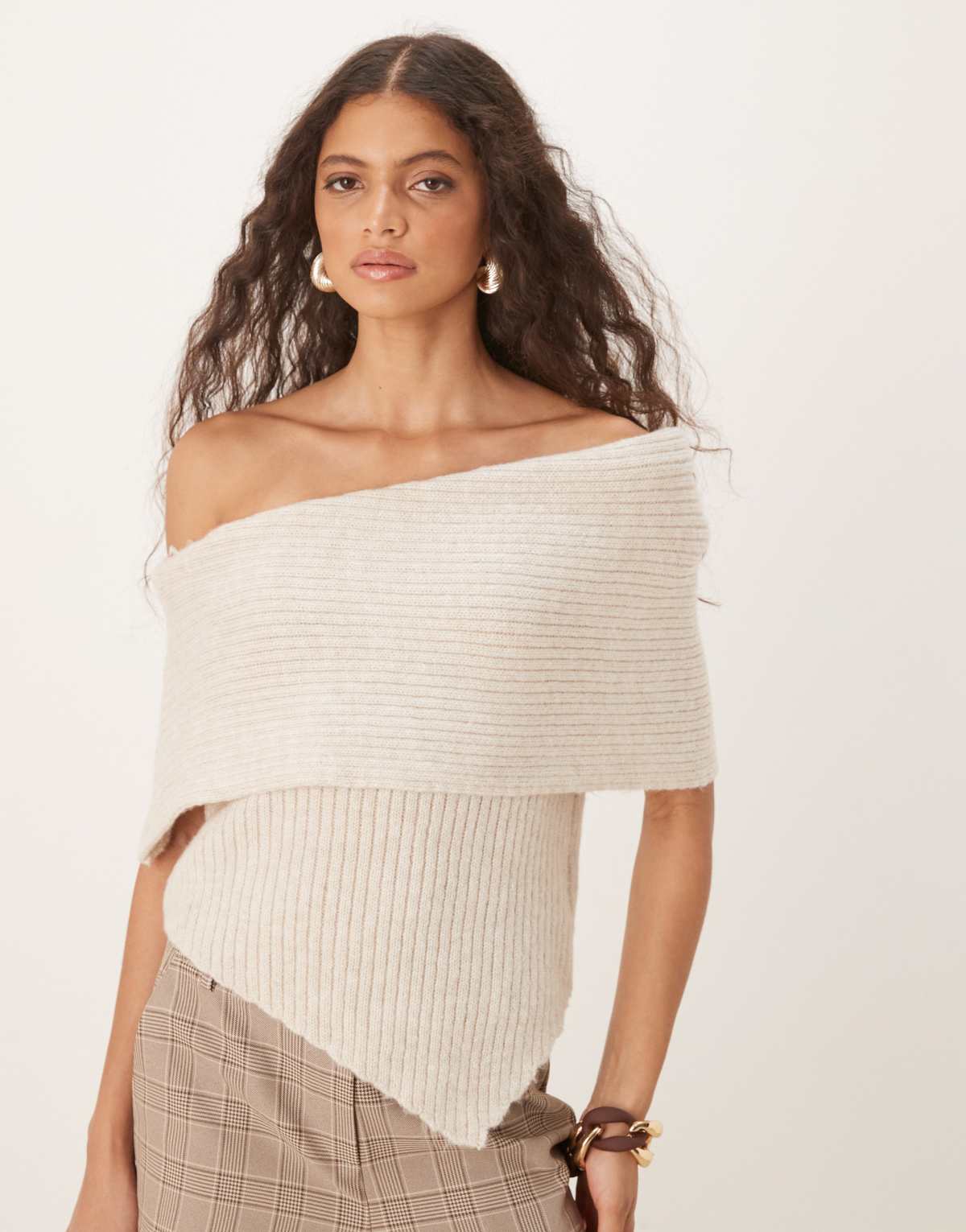 ASOS DESIGN one shoulder knitted top in oatmeal
