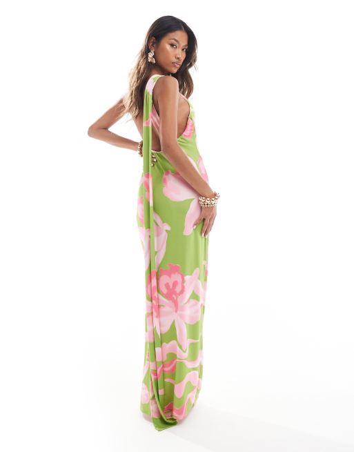 ASOS DESIGN one shoulder knot maxi dress with scarf back detail in oversized green floral print ASOS