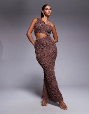 Asos Design One-shoulder Knotted And Trim Detail With Cut-out Fluffy Maxi Dress In Brown