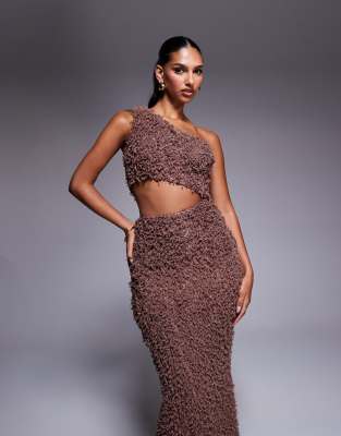 Asos Design One-shoulder Knotted And Trim Detail With Cut-out Fluffy Maxi Dress In Brown