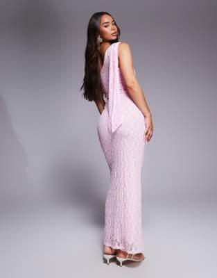 Asos Design One-shoulder Lace Maxi Dress With Knotted Skirt Detail In Pink