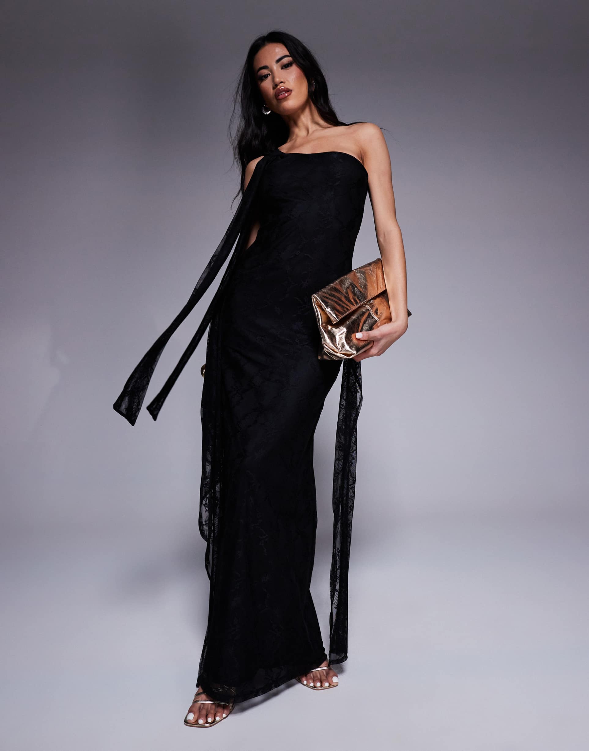 asos design one shoulder lace maxi dress with knotted skirt detailing in black