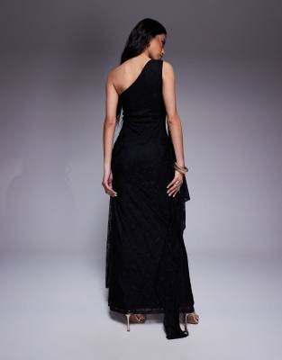 Asos Design One Shoulder Lace Maxi Dress With Knotted Skirt Detailing In Black