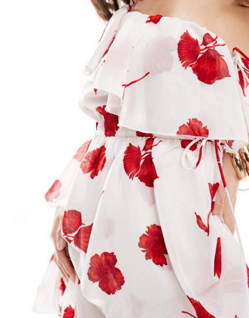 open lace back dress Ball Gown Lace Off Shoulder Wedding Dresses with Red Foral Flowers