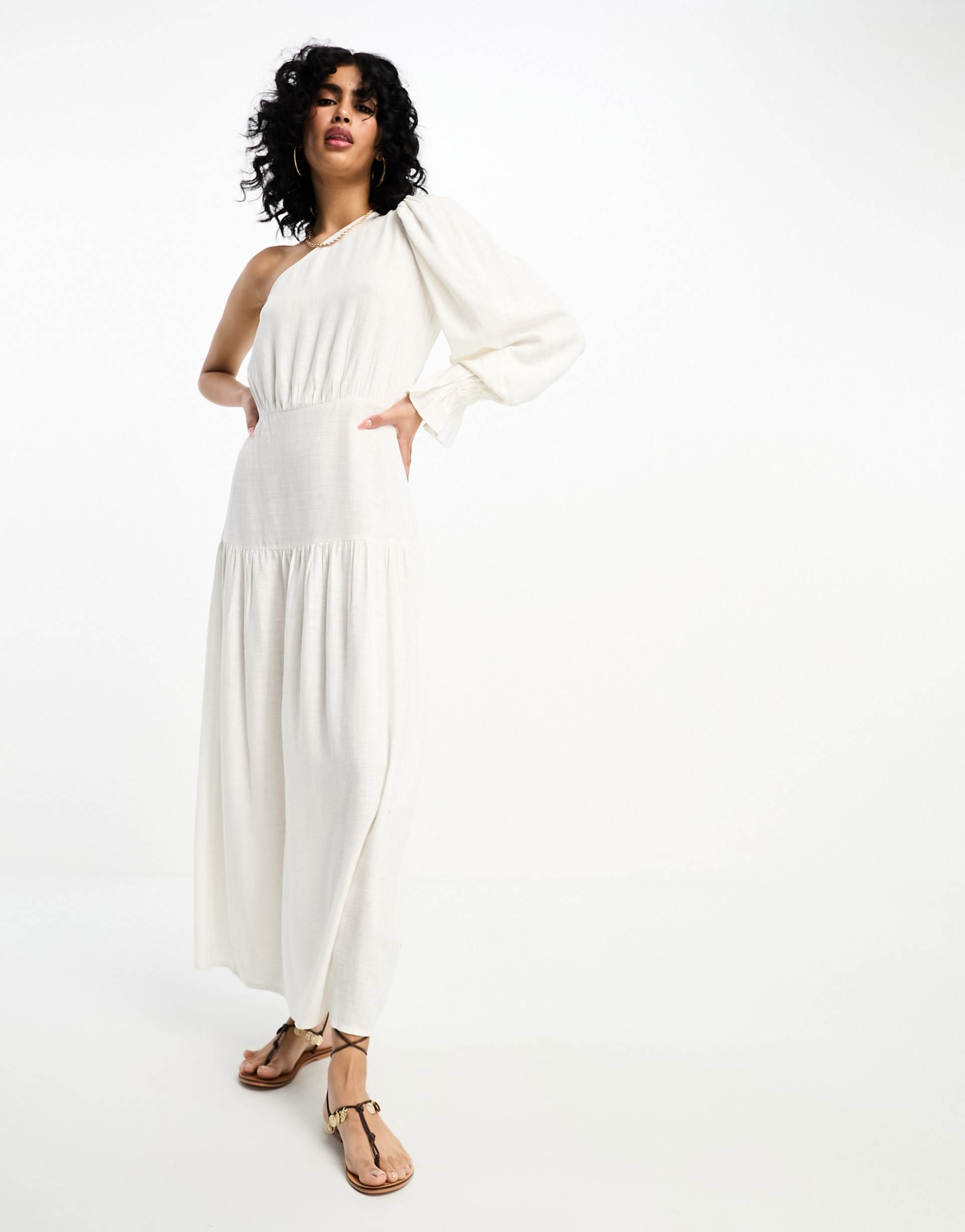 asos design one-shoulder linen midi dress in white