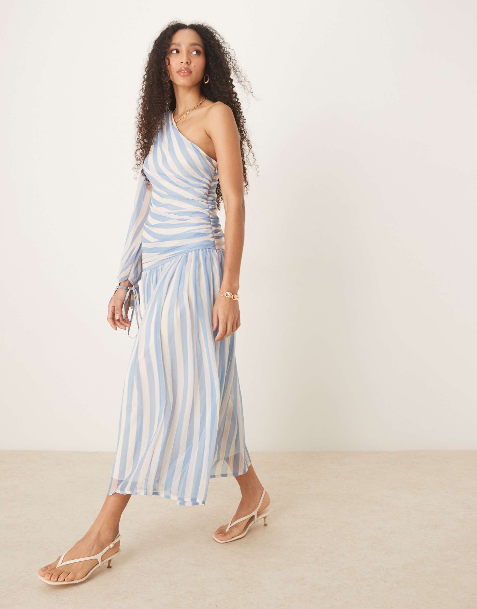 asos design one shoulder long balloon sleeve maxi dress in stripe