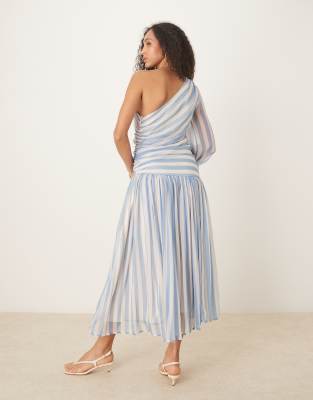 Shop Asos Design One Shoulder Long Balloon Sleeve Maxi Dress In Multi