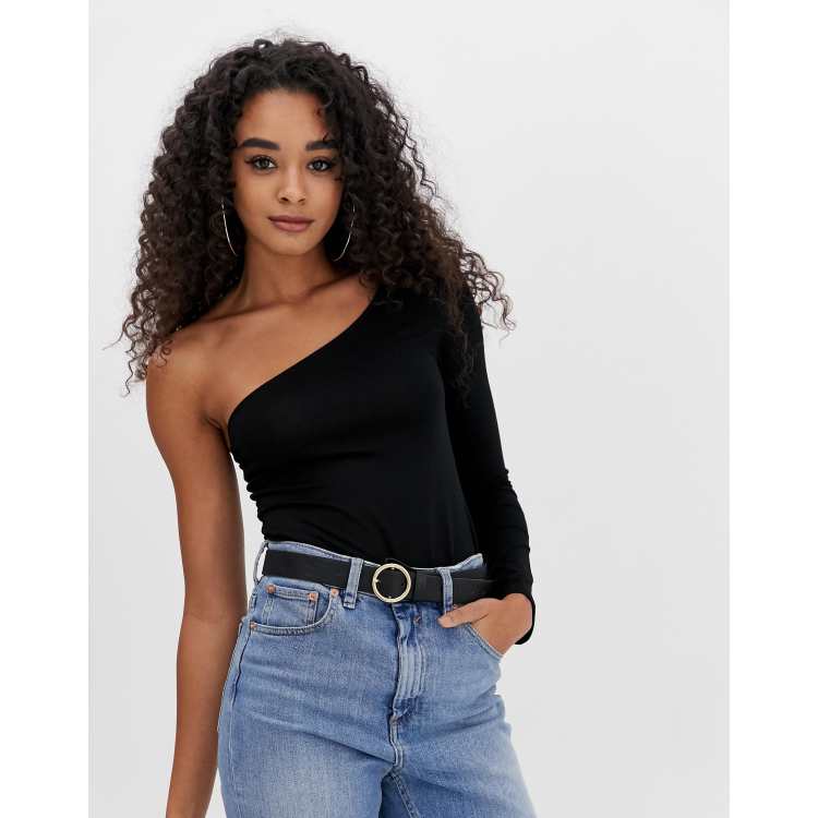 ASOS DESIGN one shoulder long sleeve bodysuit in black