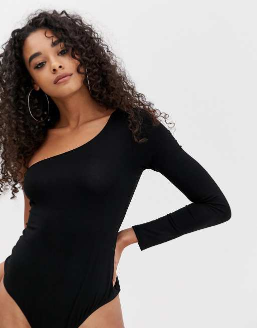 ASOS DESIGN one shoulder long sleeve bodysuit in black