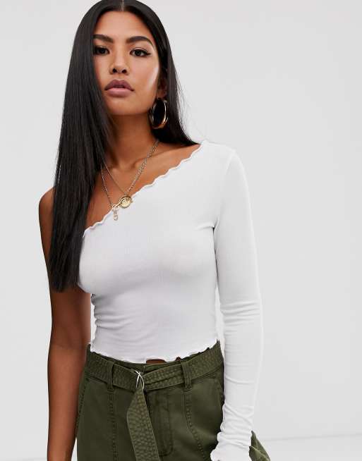 ASOS DESIGN one shoulder long sleeve crop t shirt with lettuce hem in white