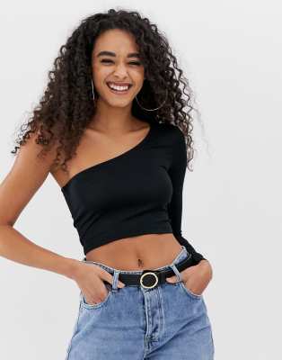 one shoulder black crop