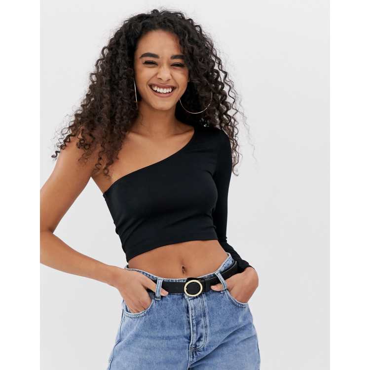 ASOS DESIGN one shoulder long sleeve crop top in black