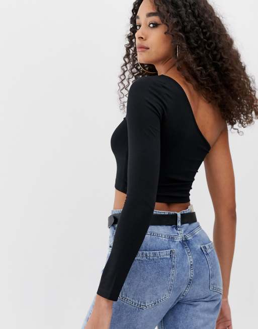 ASOS Crop Top With Long Sleeves And Deep Plunge in Black