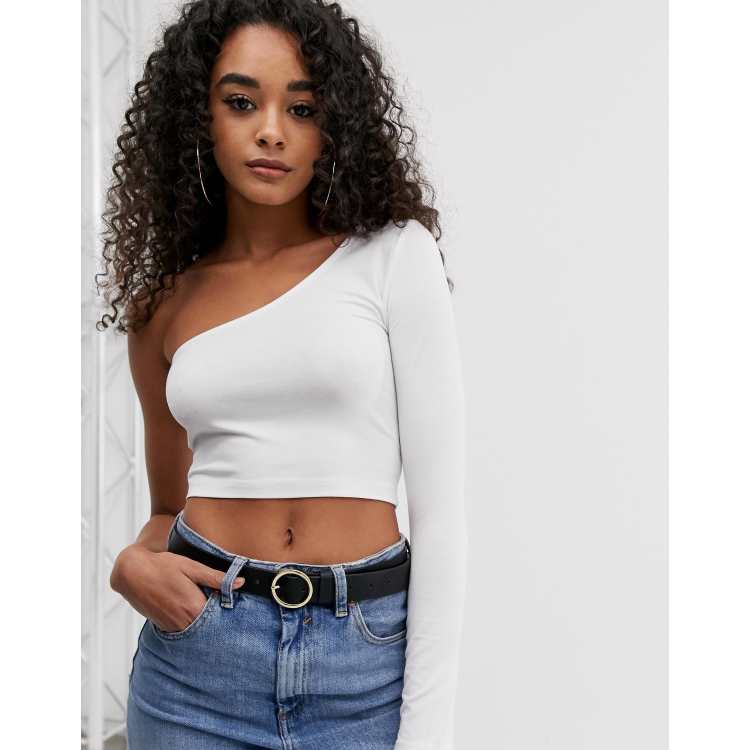 ASOS DESIGN one shoulder crop top in rib in white