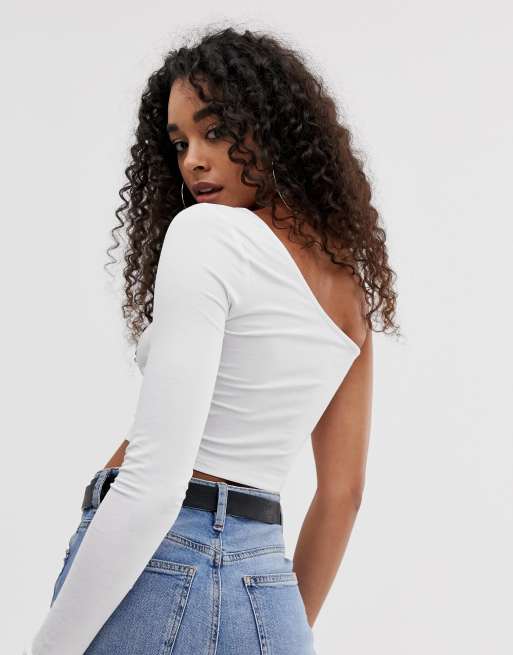 ASOS DESIGN one shoulder crop top in rib in white