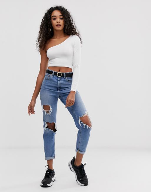 ASOS DESIGN one shoulder long sleeve crop top in white