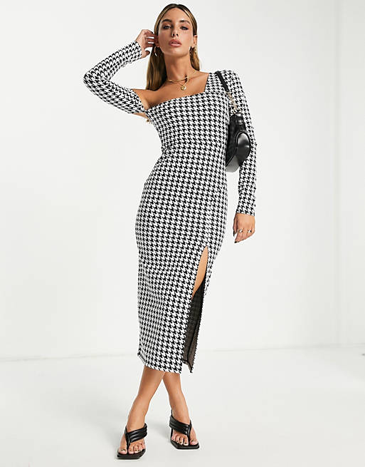 Dresses one shoulder long sleeve midi dress with split in mono dogtooth 