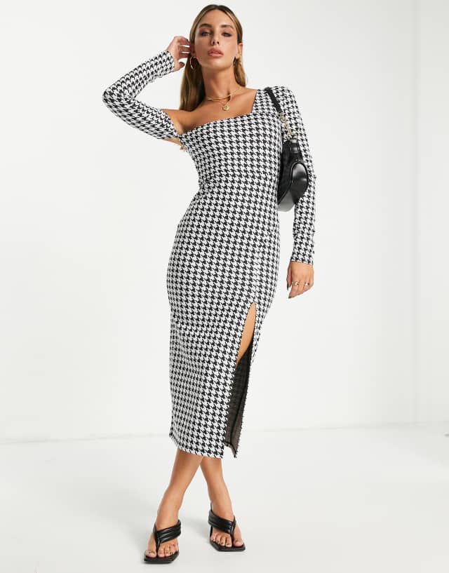 ASOS DESIGN one shoulder long sleeve midi dress with split in mono dogtooth