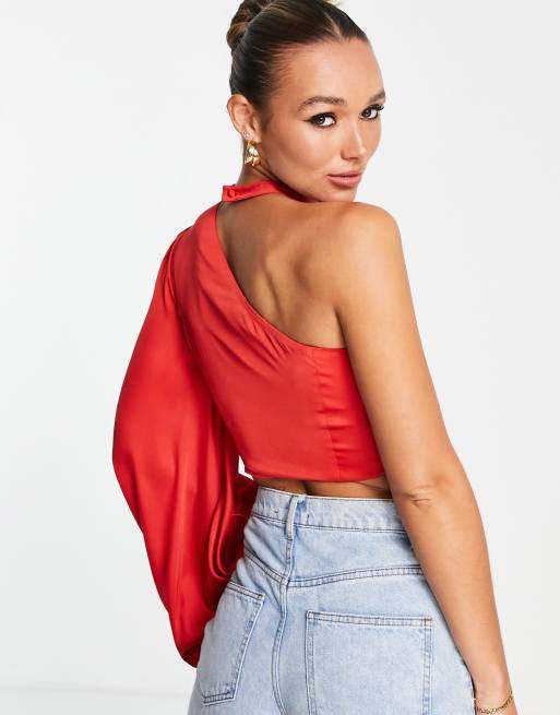 ASOS DESIGN one shoulder long sleeve top with corsage detail in red