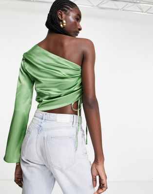 ASOS DESIGN one shoulder long sleeve top with ruched side in green satin