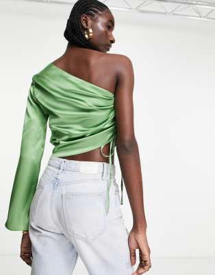 ASOS DESIGN one shoulder long sleeve top with ruched side in green satin