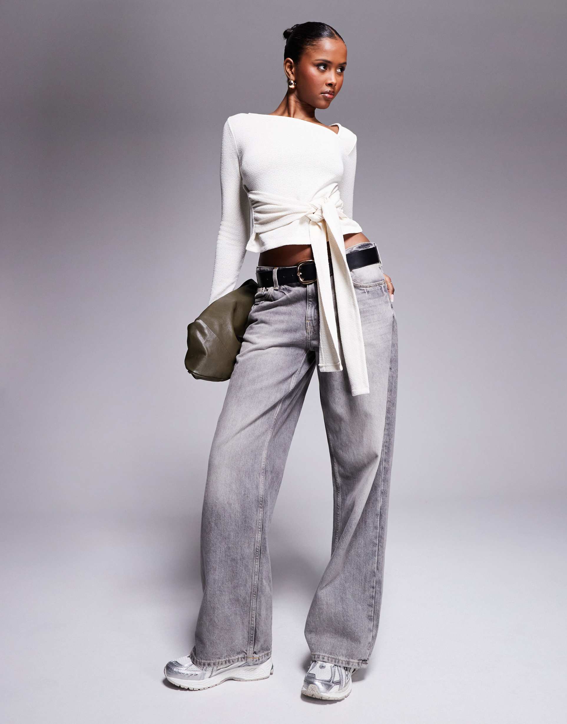 asos design one shoulder long sleeve top with tie waist detail in ecru