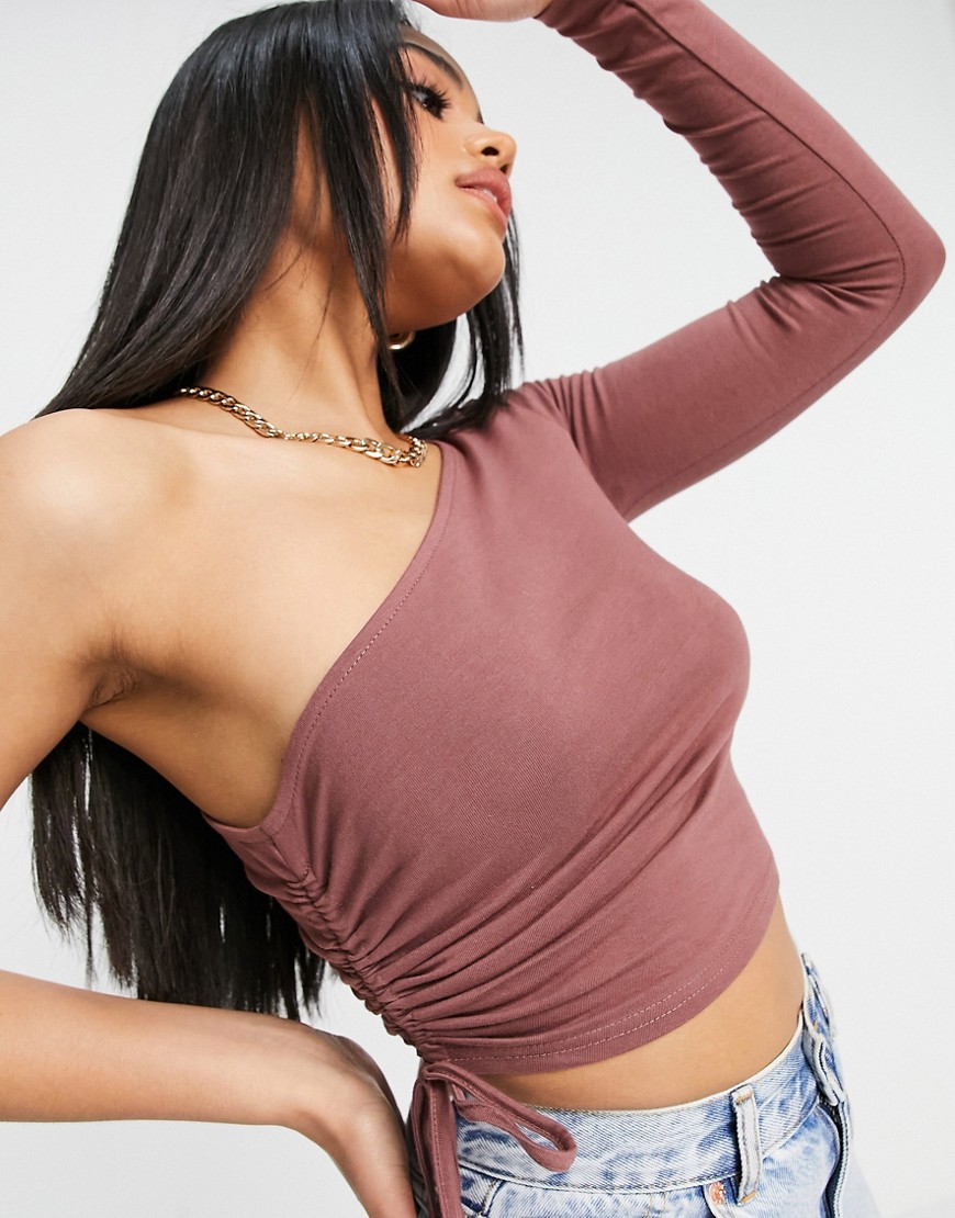 ASOS DESIGN one shoulder longsleeve crop top with ruched sides in brown