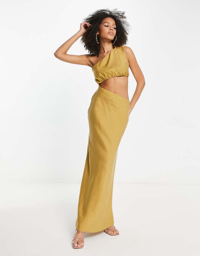 ASOS DESIGN one shoulder maxi dress in washed fabric with cut out waist in stone