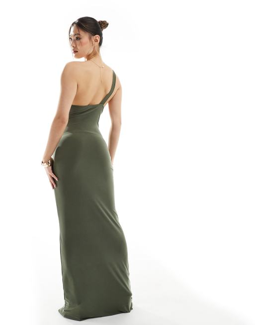 ASOS DESIGN one shoulder maxi dress with gold trim in khaki | ASOS