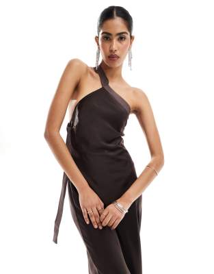 Asos Design One Shoulder Maxi Dress With Grosgrain Strap In Chocolate Brown  | ModeSens
