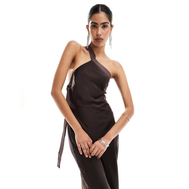 ASOS DESIGN one shoulder maxi dress with grosgrain strap in chocolate brown ASOS