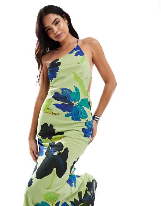 ASOS DESIGN one shoulder maxi dress with open back in abstract floral print