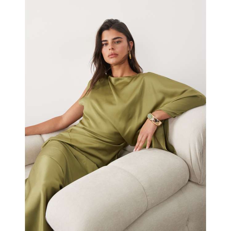 asos green one shoulder dress DESIGN maxi with open back in olive Minimalist Maxi Dress