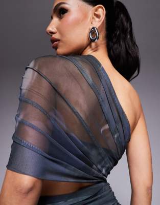 ASOS DESIGN ONE-SHOULDER MAXI DRESS WITH RUCHED BODICE AND SHEER SKIRT 