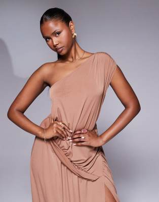 Shop Asos Design One Shoulder Maxi Dress With Ruching Detail And Side Slit In Brown