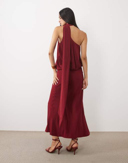 ASOS DESIGN one shoulder maxi dress with tie neck in burgundy, 4 of 4