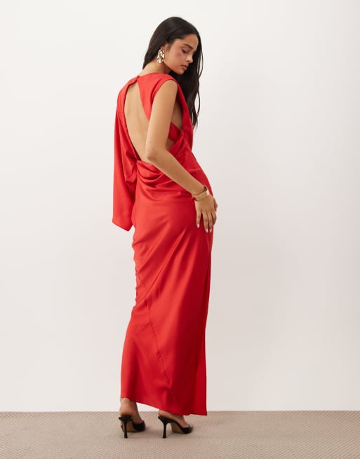 ASOS DESIGN one shoulder maxi with open back in red, 2 of 4