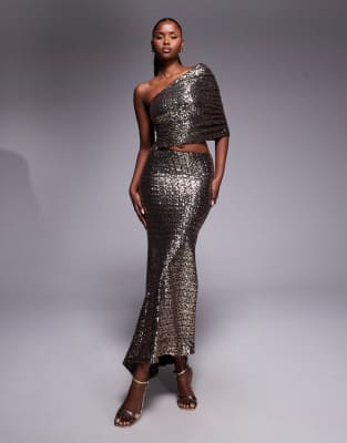 ASOS DESIGN - One-Shoulder-Maxikleid in Gold mit Pailletten und gerafftem Oberteil-Goldfarben