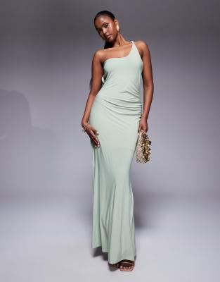 ASOS DESIGN - One-Shoulder-Maxikleid in Grün mit Raffung