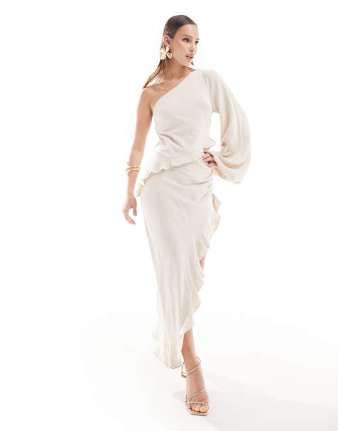 ASOS DESIGN – One-Shoulder-Maxikleid in Stein mit Rüschendetail und Blousonärmeln - view 1