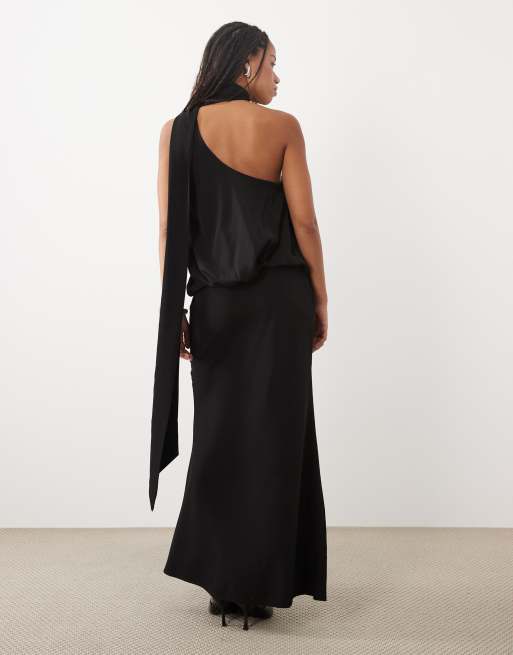ASOS DESIGN One-Shoulder-Maxikleid mit Bindehals in Schwarz, 4 von 4