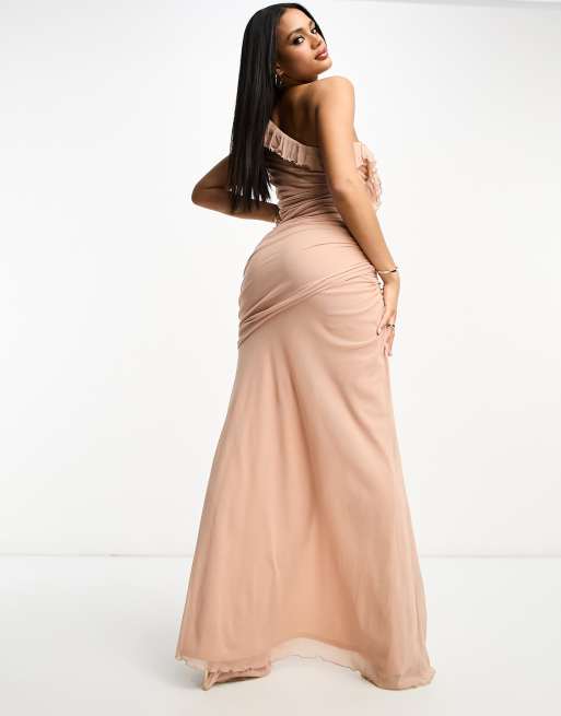 ASOS DESIGN one shoulder mesh corsage high split maxi dress in dark blush