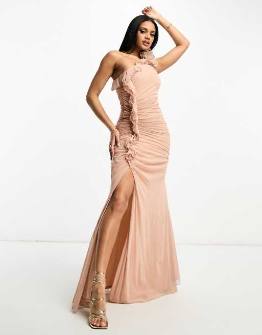 ASOS DESIGN one shoulder mesh corsage high split maxi dress in dark blush