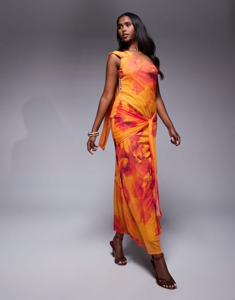 ASOS DESIGN one shoulder mesh maxi dress with knotted skirt detailing in orange floral print - view 1