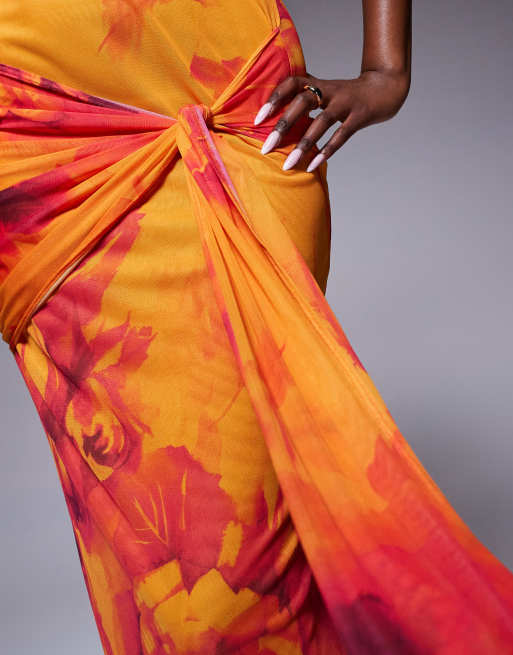 ASOS DESIGN one shoulder mesh maxi dress with knotted skirt detailing in orange floral print