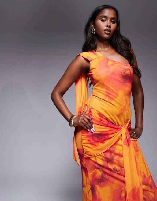 ASOS DESIGN one shoulder mesh maxi dress with knotted skirt detailing in orange floral print
