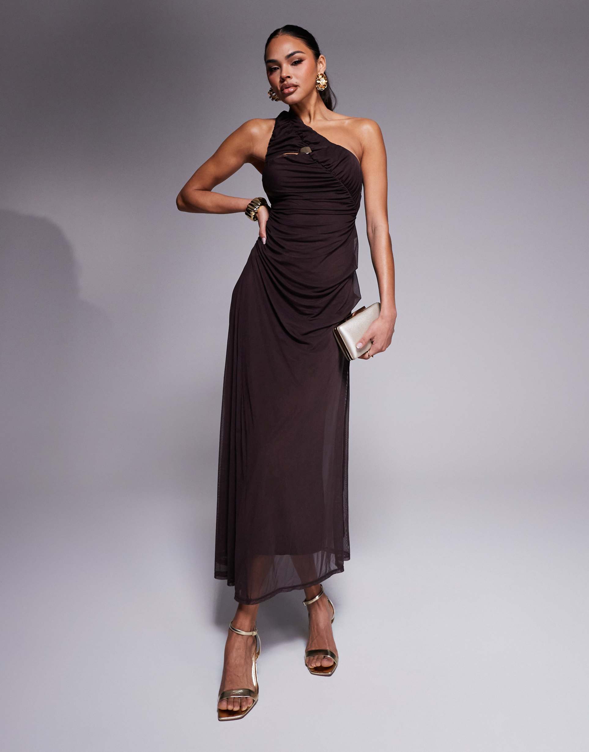 asos design one shoulder mesh midi dress with slash front trim detail and cowl draped skirt in chocolate