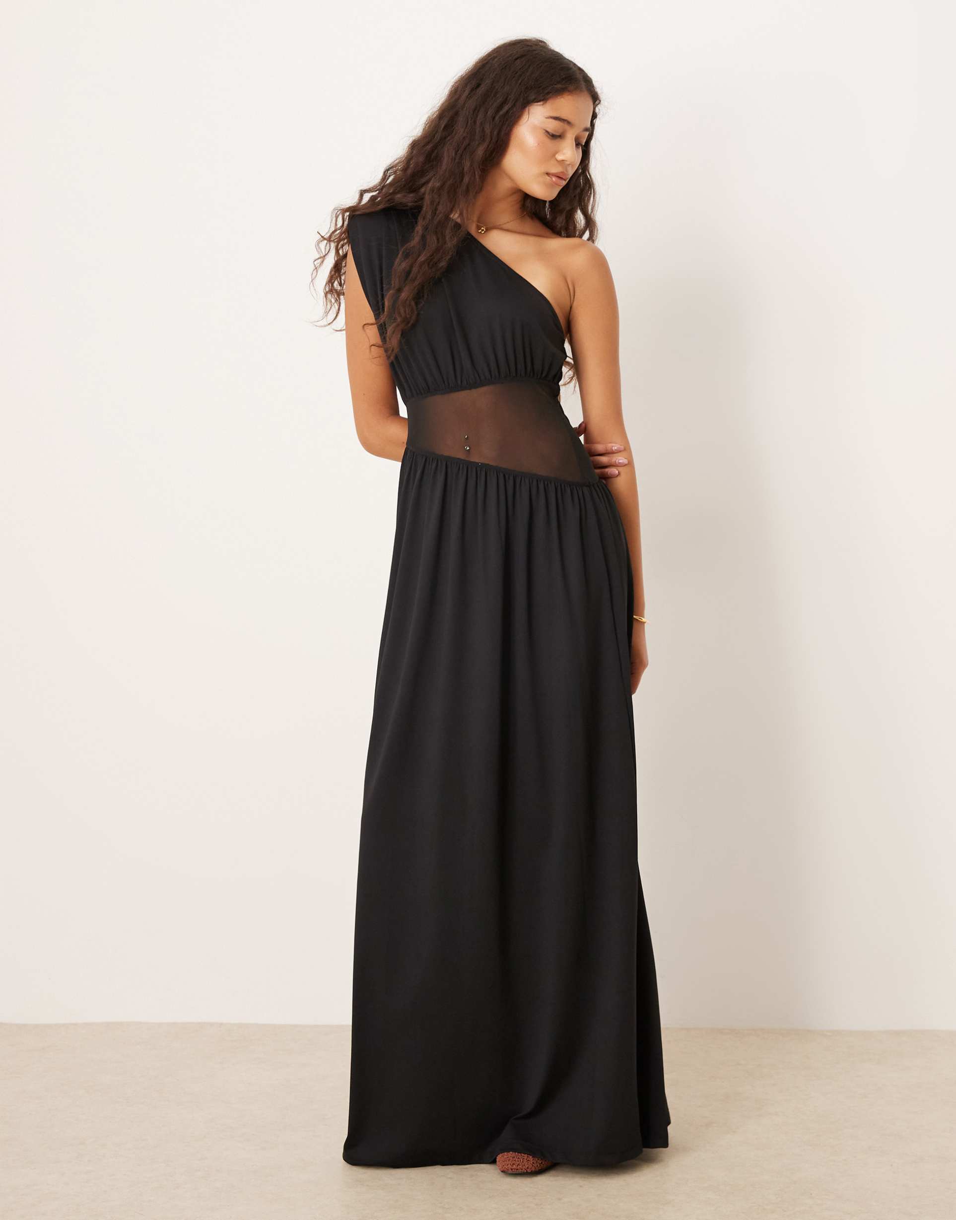 asos design one shoulder mesh paneled maxi dress in black